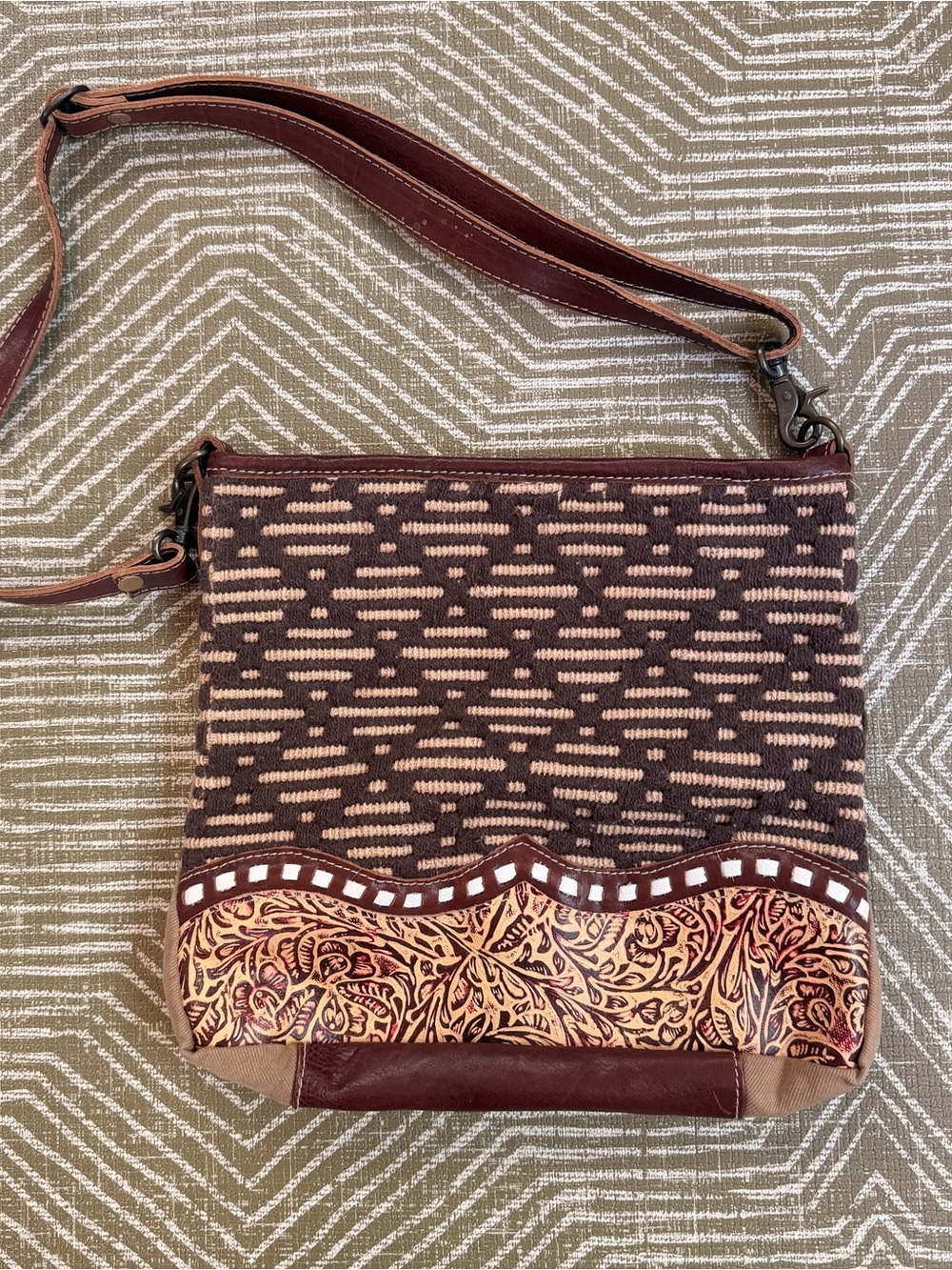 Myna Bags Boho Crossbody Bag Woven Tapestry Leather Trim Artisan Purse